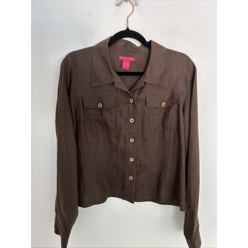 Sunny Leigh Women's XL 100% Linen Brown Long Sleeve Button Up Collared Jacket